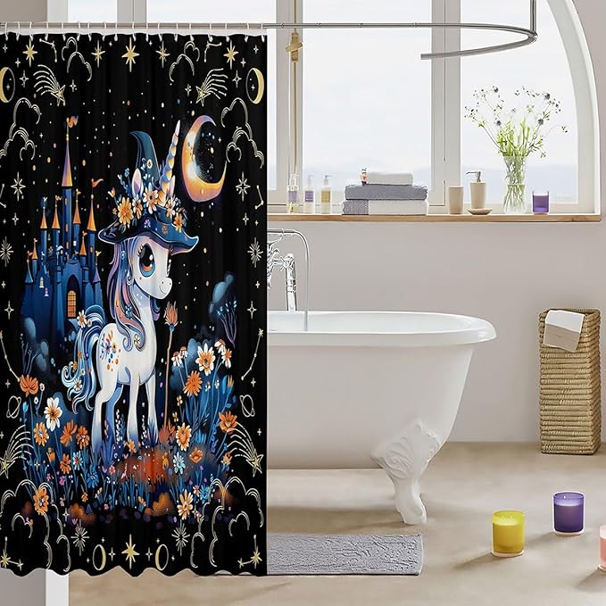 Mysterious Castle Flower Starry Sky Shower Curtains,Cartoon Animals Bath Curtain,Halloween Unicorn Cloth Fabric Bathroom Decor Set with Hooks,78" Long