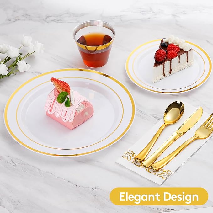 Goodluck 350 Pieces Gold Dinnerware Set for 50 Guests, Plastic Plates Disposable for Party, Include: 50 Gold Rim Dinner Plates, 50 Dessert Plates, 50 Paper Napkins, 50 Cups, 50 Gold Silverware Set