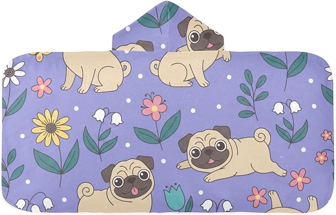 SUABO Kids' Bath Towels Pugs and Flowers Hooded Towels for Boys Girls,Toddler Towels Multi-Purpose for Beach,Pool and Bathroom,23.5" x 50", Soft and Highly Absorbent