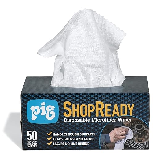 PIG ShopReady Microfiber Wipers| Durable Low-Lint Microfiber Rags | 50 per box | 12" W x 12" L | White | PM50808-WH