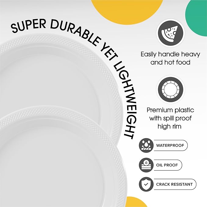 Exquisite 9 Inch White Plastic Dinner Plates - 50 Count Heavy Duty Disposable Set for Parties
