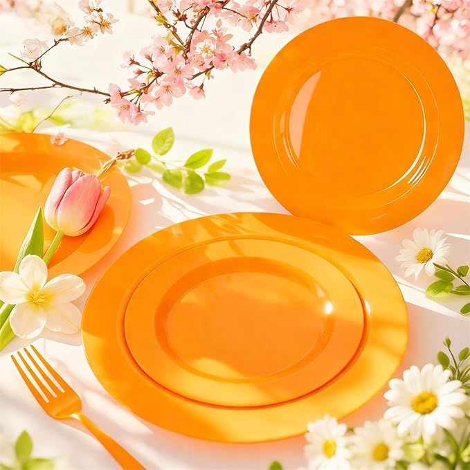 FLOWERCAT 60PCS Orange Plates - Heavy Duty Orange Plastic Plates Disposable for Easter & Spring Party - Serve 30 Guests 10.25inch and 7.5inch