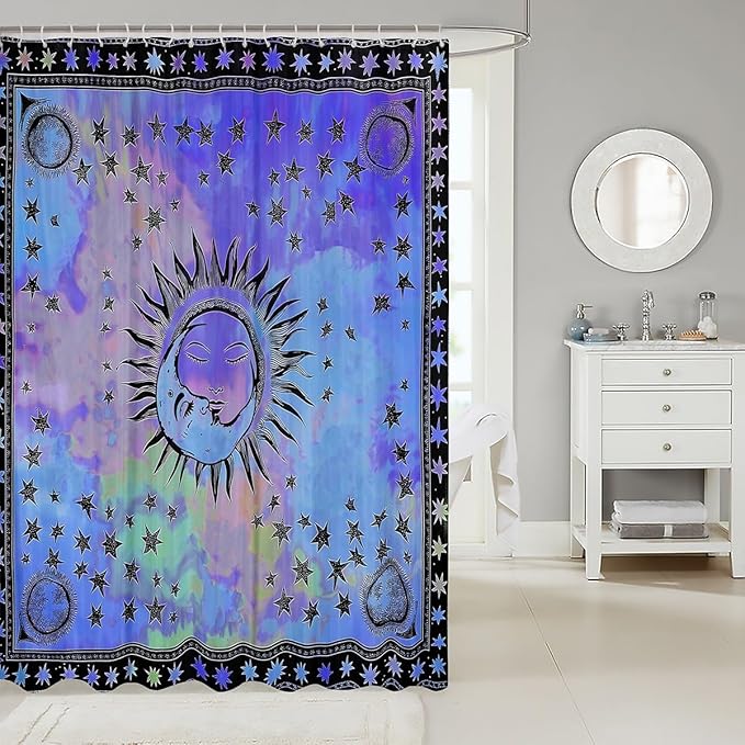 The Sun and Moon Bath Curtain Exotic Boho Shower Curtain for Kids Child,Watercolor Tie Dye Shower Curtain Stars Starry Sky 72"Wx78"L Tribal Psychedelic Teal Purple Bohemian Bathroom Accessories