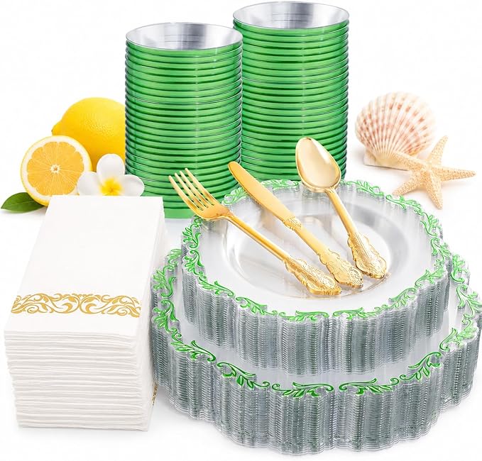 PULOTE 175PCS Green Plastic Plates - Clear Plastic with Green Rim Disposable - Include 25 Each (Dinner & Dessert) Plates, 75 Cutlery, 25 Cups, 25 Napkins, Idea for Wedding&Party