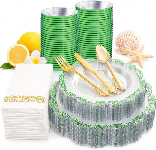PULOTE 175PCS Green Plastic Plates - Clear Plastic with Green Rim Disposable - Include 25 Each (Dinner & Dessert) Plates, 75 Cutlery, 25 Cups, 25 Napkins, Idea for Wedding&Party