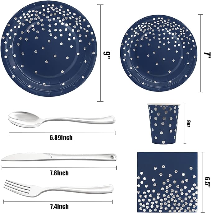 168Pcs Navy Blue Plates and Napkins Party Supplies, Navy Blue Paper Plates Serve 24, blue and Silver Party Decorations, for Fathers Day, Graduation, 4th of July, Hanukkah Party