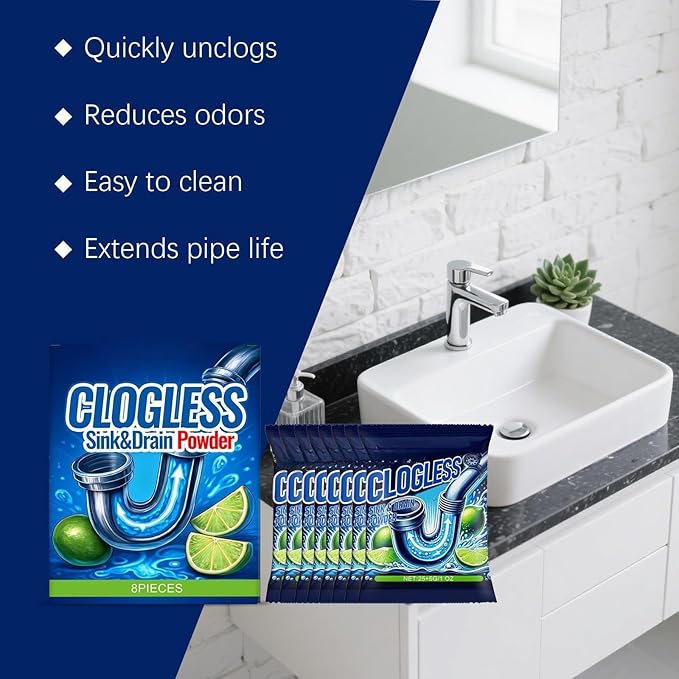 Clogless Sink Drain Powder – Pipe Unblocking & Sewer Cleaning Solution for Kitchen, Bathroom & Laundry Drains, Odor Reduction & Easy-to-Use Powder, 8-Pack