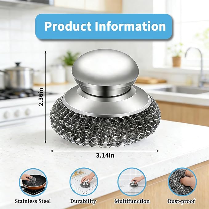 5 Pcs Steel Wool Scrubber Set with Handle, Stainless Steel Scouring Pads for Cast Iron Pans, Grill & Sink Cleaning (1 Scrubber + 4 Pads)