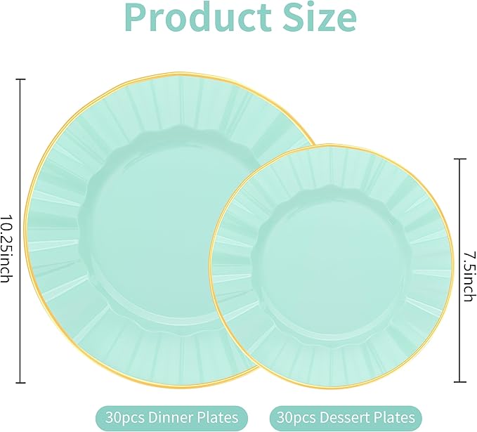 60Pcs Sage Green Plastic Plates, Ware Sage Green Disposable Plates with Gold Rim, Fancy Plastic Plate Include 30 Dinner & Dessert Plate for Easter Spring Wedding