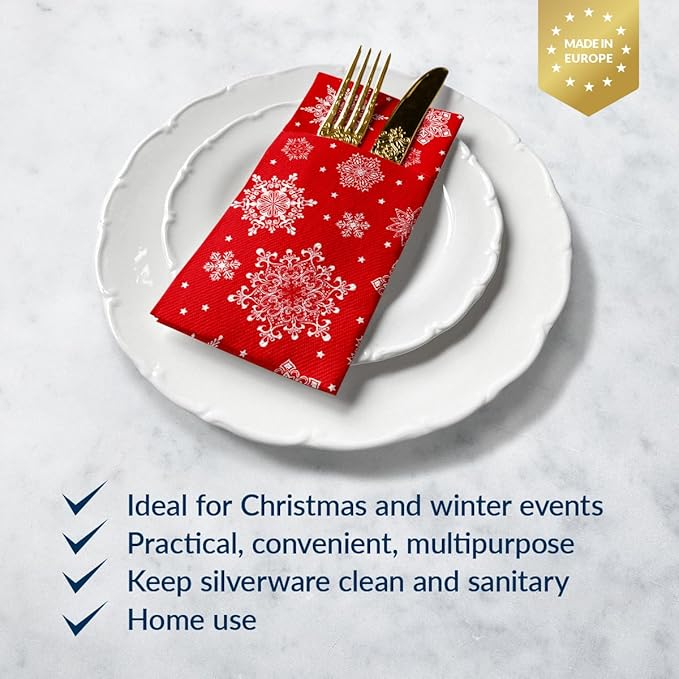 PAW - Christmas Linen Feel Napkins with Built-in Flatware Pocket, Red Absorbent Pre-Folded Dinner Napkins with Snowlakes, Guest Towels for Xmas Dinner, Winter Holiday, Decorative Towel, 50 Count