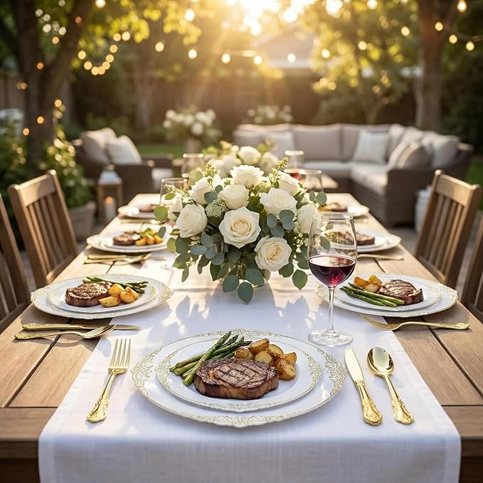 Gold Plastic Dinnerware Sets for 25 Guests - Gold Plastic Plates - 50 Disposable Plates, 75 Silverware, 25 Cups, 25 Napkins for Wedding & Party