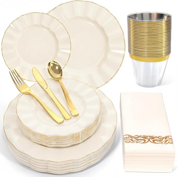 175 Piece Plastic Dinnerware Set Disposable Dinnerware Set for 25 Guests Include 50 Plastic Plates 25 Silverware Set 25 Cups and 25 Napkins for Party Wedding Birthday（White and Gold）