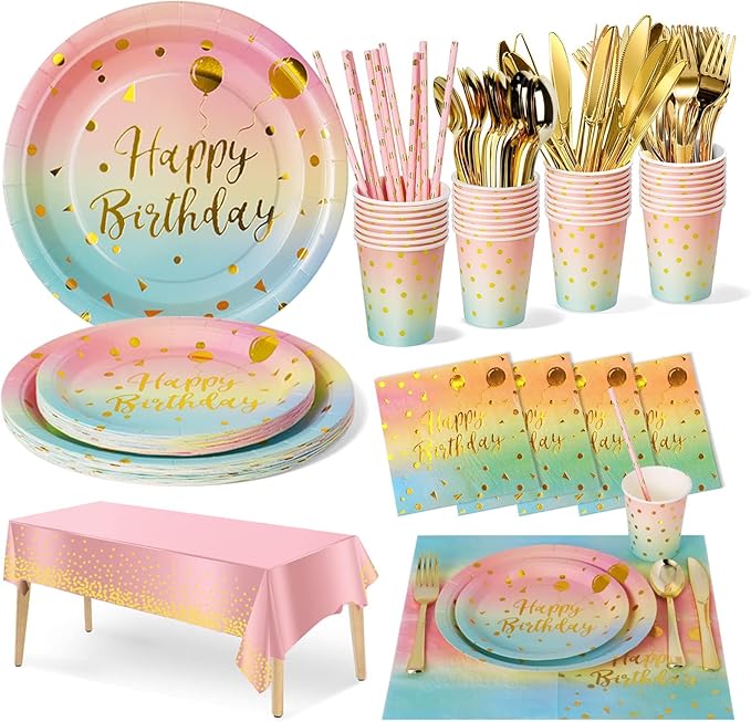 Nkaiso Birthday Party Tableware, 161 Pieces Rainbow gold Party Supplies, Party Dinnerware Sets Include Paper Plates Napkins Cups Silverware, for Shower Engagement Parties Decoration -20 Serves