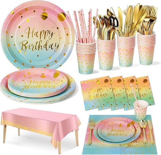 Nkaiso Birthday Party Tableware, 161 Pieces Rainbow gold Party Supplies, Party Dinnerware Sets Include Paper Plates Napkins Cups Silverware, for Shower Engagement Parties Decoration -20 Serves