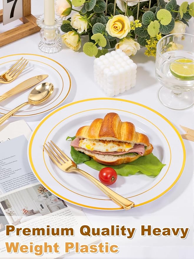 WDF 120 pieces Gold Disposable Plastic Plates - White and Gold Plates Include 10.25" Dinner Plate & 7.5" Salad Plate for Party Baby Shower Wedding Spring