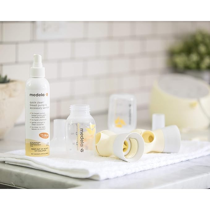 Medela Quick Clean Breast Pump and Accessory Sanitizer Spray Safe No Rinse Breastpump Sterilizer Eliminates 99.9 of Common Bacteria and Germs 8 Fluid Ounces, Clear