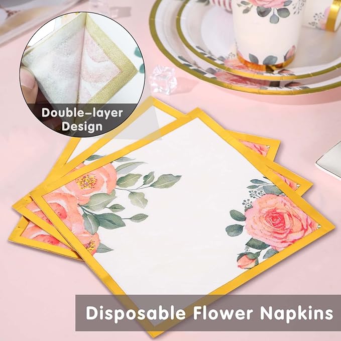 350PCS Floral Paper Plates Set, Disposable Plates With Gold Rim Serve 50 Guests, Party Supplies for Adults Garden Tea Party Bridal Shower Decorations