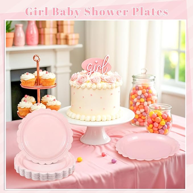 NatNarr 30 Pcs Pink Paper Plates 9 Inch Scalloped Pink Plates Cute Dessert Cake Party Plate for Girls Birthday, Baby Bridal Shower, Wedding