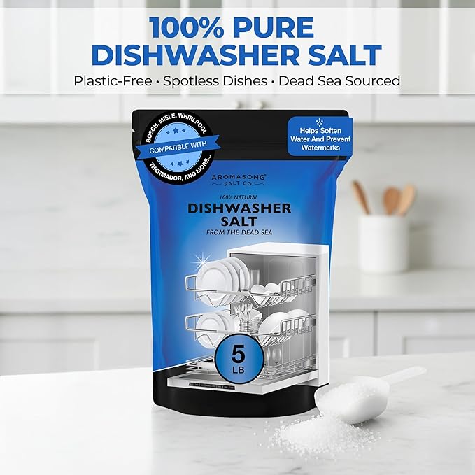Aromasong Dishwasher Salt 15 LB - 100% Natural Water Softening Agent Compatible with Bosch, Miele, Whirlpool, Thermador, and More... for Cleaner Dishes & Washer Reactivation. (packaging may vary)