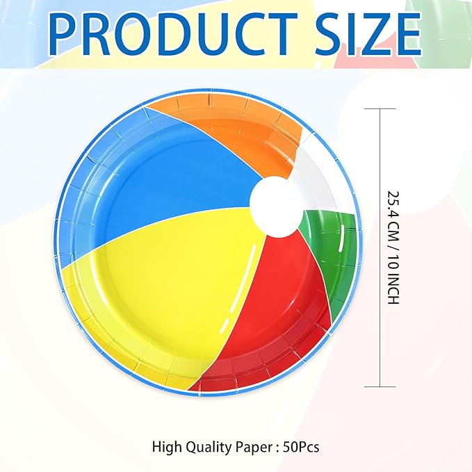 Grencian 50 Pcs Beach Ball Paper Plates 10" Large Summer Pool Party Plates Disposable Heavy Duty Beach Ball Tableware for Kids Summer Holiday Pool Party Supplies Baby Shower Birthday Decorations