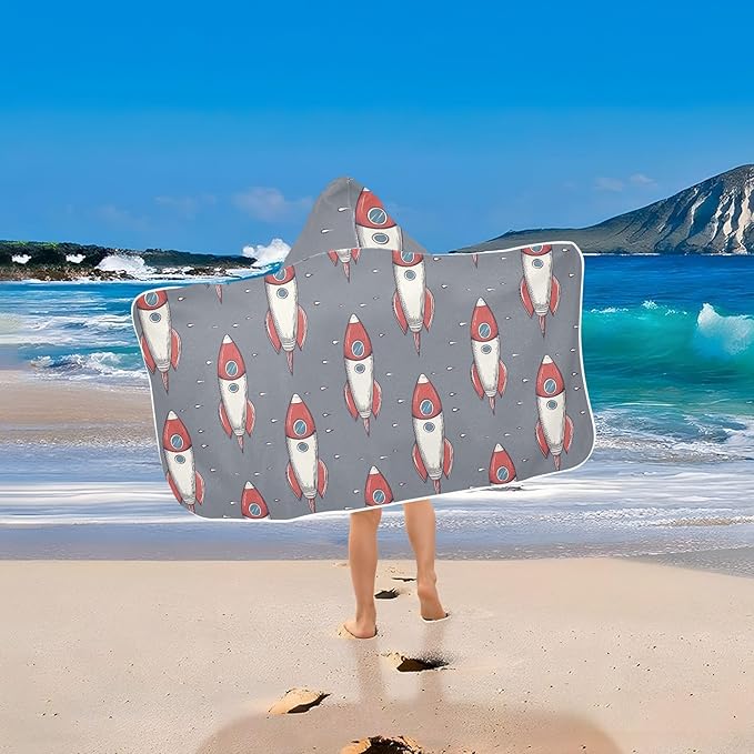 Hooded Beach Towel for Kids Cartoon Space Rockets Gray Hooded Beach Bath Towel Soft Toddler Towels