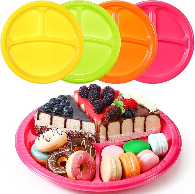 Teenyyou 50 Pcs 10 Inch Plastic 3 Compartment Divided Plates Heavy Disposable Round Dinner Plates with Dividers for Wedding Birthday Party Dinnerware (Neon Color)