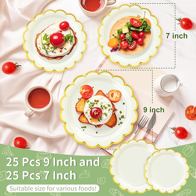 50 Pcs Ivory Paper Plates, 25 Pcs 9" and 25 Pcs 7" Disposable Ivory Scalloped Plates with Gold Foil for Graduation Wedding Baby Shower Birthday Party Picnic BBQ