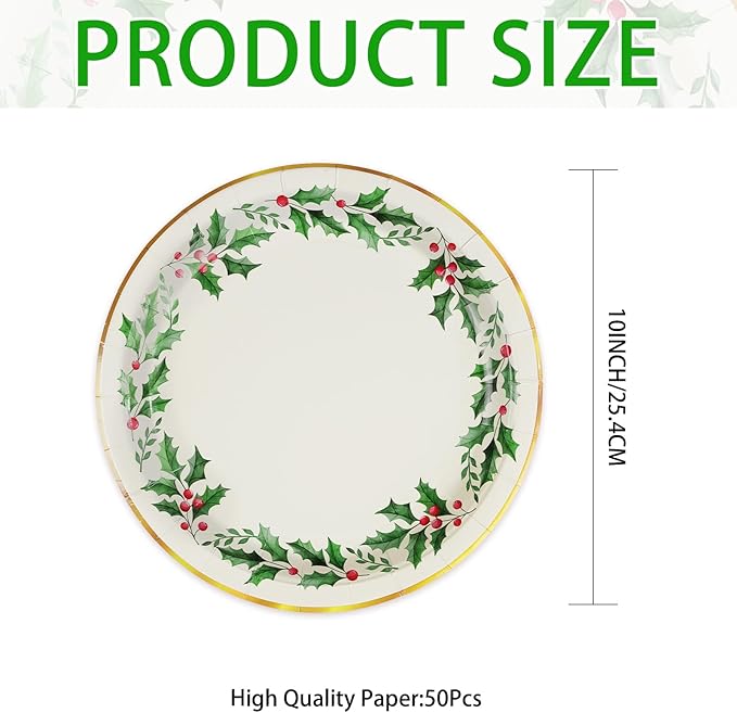 50 Pcs Christmas Round Plates 10" Large Disposable 400 GSM Heavy Duty Holly Leaf Paper Plates Gold Foil Dessert Plates Merry Christmas Birthday Party Decorations for Festive Xmas Theme Party Supplies