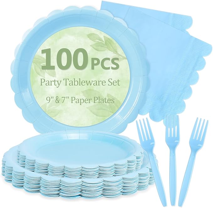 Mulbozy 100 Light Blue Paper Plates and Napkins Disposable Set Includes 25-9" & 25-7" Dessert Cake Scalloped Plates, Cocktail Napkins, Forks for for Holiday Party Supplies