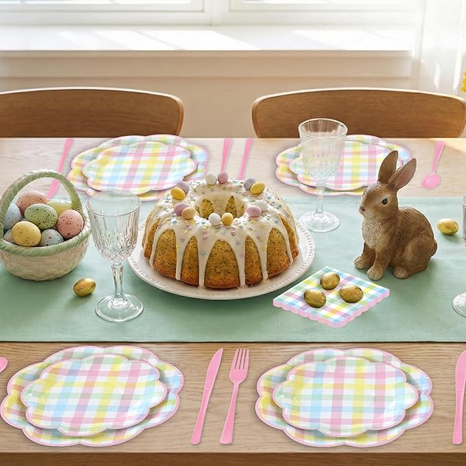 175 Pcs Easter Checkered Plates and Napkins Party Supplies - Easter Paper Plates Sets Serve 25 Guests - Spring Pink Blue Yellow Pastel Plaid Plate for Picnic Easter Birthday Party Decorations