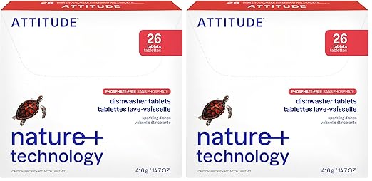 ATTITUDE Dishwasher Pods, Plant-Based & Vegan, Phosphate-Free Detergent Tablets, Naturally Derived, Unscented, 26 Count (Pack of 2)