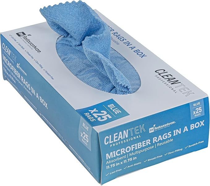 Restaurantware-Clean Tek Professional 11.81 x 11.81 Inch Microfiber Rags In a Box, 250 Absorbent Cleaning Cloths - No-Scratch, Blue Microfiber Reusable Edgeless Cleaning Towels, Leaves No Streak