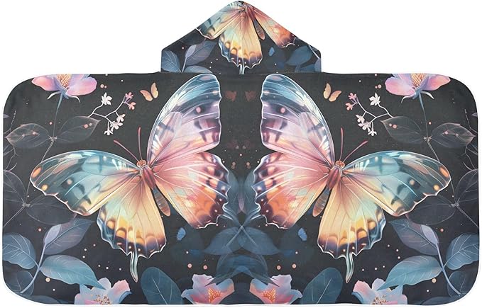 Hooded Towel for Kids Colored Butterfly Surrounded by Floating Spring Leaves Beach Wrap Bath Towels 50x23.5in