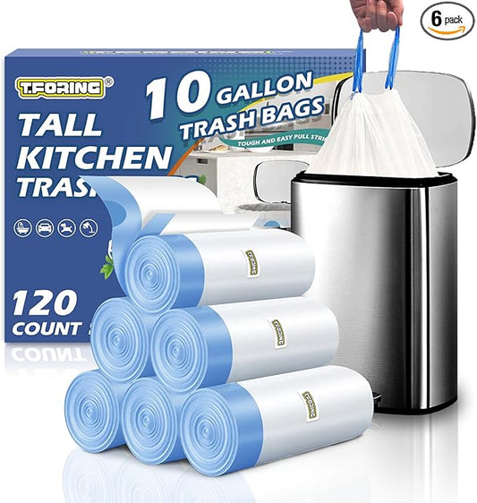 10 Gallon Trash Bags with Drawstring - 120 Count Heavy Duty 1.2 Mil Garbage Bags 38 Liter Unscented White Kitchen Bin Liners for Home & Office