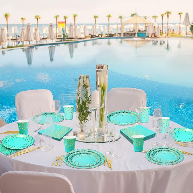 200PCS Teal Plates and Napkins Party Supplies,Teal Paper Plates with Golden Dot Serve 50 Guests，Teal and Gold Birthday Decorations for Women Men Wedding Baby Shower Graduation