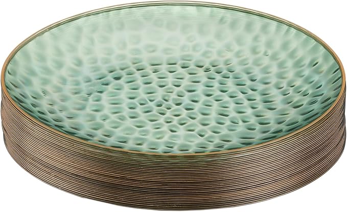 PLASTICPRO 30 Pack Hammered Plastic Plates Heavyweight Disposable Plastic Plates Elegant Clear Hammered Rim Platsic Party Dishes (Hamered Green With Gold Rim, 7'' INCH PLATES)
