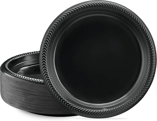 PLASTICPRO 100 PCS Black Plastic Plates Light Weight 9 Inch Plastic Dinner Plates Black Plates Disposable for Party and Wedding