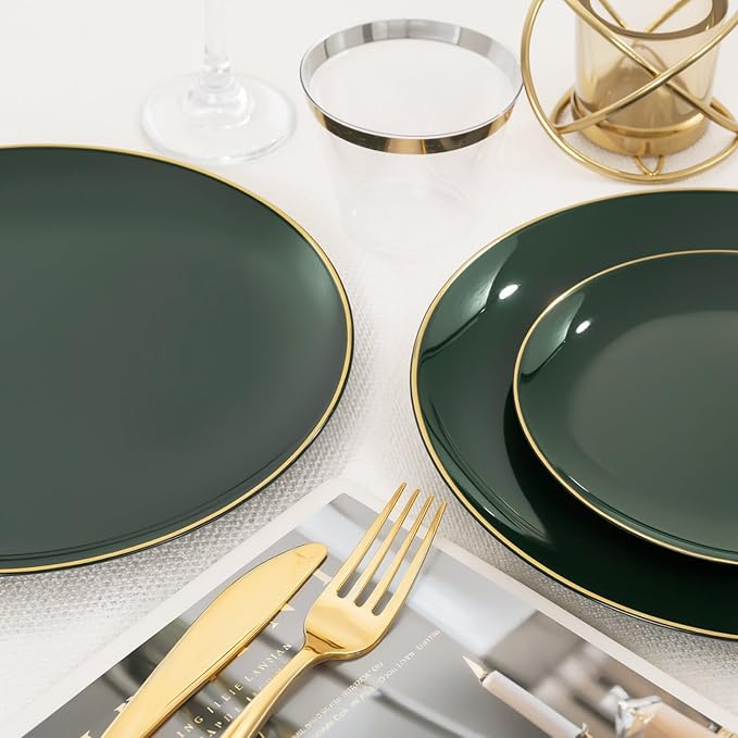 WDF 150Pcs Green Plastic Plates - Green Plates Disposable with Gold Rim - 25Guest Disposable Dinnerware Include 50 Plastic Plate 75 Gold Cutlery 25 9oz Cups for Wedding/Party/Birthday