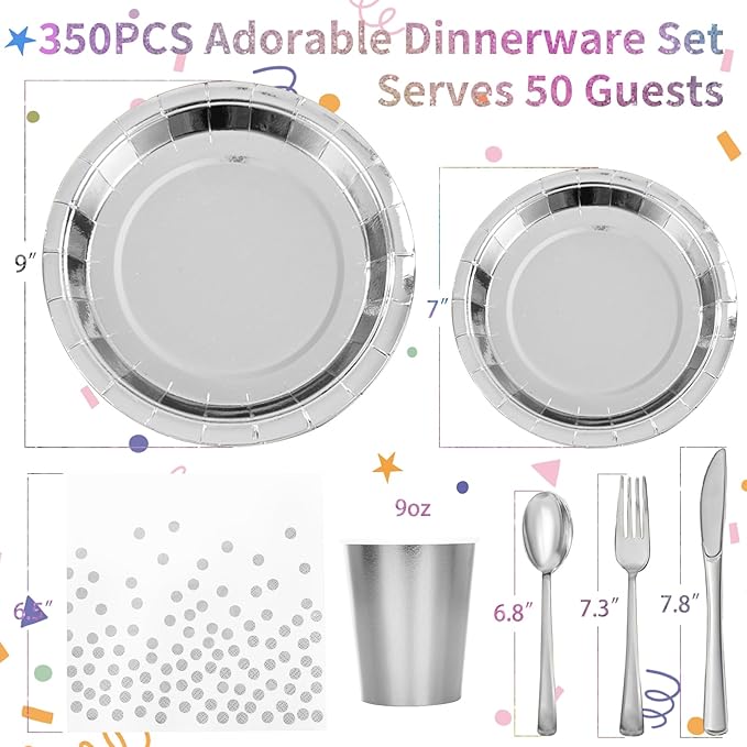 Silver Paper Plates and Napkins Party Supplies,350pcs Silver Plates Disposable Dinnerware Set for Anniversary Graduation Holiday Disco Birthday Party Decorations Serves 50