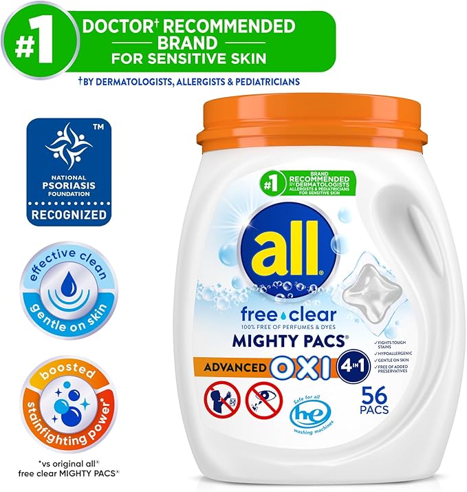 all Unit Dose Laundry Detergent, Mighty Pacs, Free Clear, OXI, 72 Count
