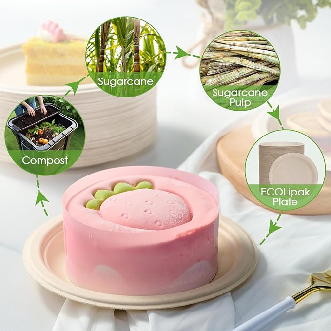 ECOLipak 6 Inch Disposable Compostable Small Paper Plates, 200 Pack Recycled Sugarcane Bagasse Biodegradable Heavy Duty Mini Dinner Appetizer Cake Dessert Plates for Party(Nature)