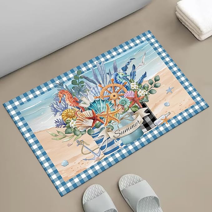 APROPHIC Summer Coastal Flower Bath Mat for Bathroom Decor, Ocean Seashell Buffalo Plaid Bathroom Rug Non-Slip Carpet, Absorbent Quick-Drying Floor Mat, Ultra-Thin Fit Under The Door,17x24 in, Blue