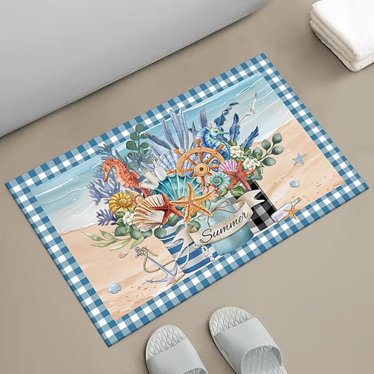 APROPHIC Summer Coastal Flower Bath Mat for Bathroom Decor, Ocean Seashell Buffalo Plaid Bathroom Rug Non-Slip Carpet, Absorbent Quick-Drying Floor Mat, Ultra-Thin Fit Under The Door,17x24 in, Blue