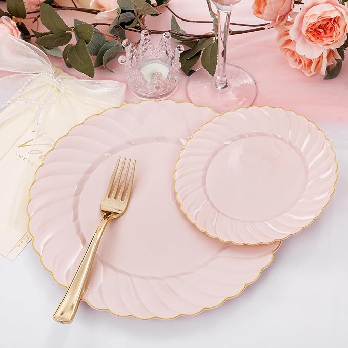 YOUBET 125Pcs Pink Plastic Plates with Gold Rim - Scalloped Plastic Plates Set Includes 25 Dinner, 25 Dessert Plate, 75 Gold Silverware for 25 Guests for Wedding Birthday Baby Shower