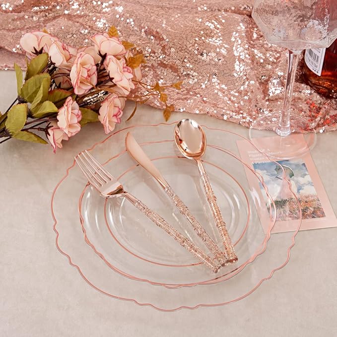 Liacere 150PCS Rose Gold Plastic Plates - Clear Rose Gold Disposable Plates with Glitter Bamboo Handle Cutlery - 60 Baroque Elegant Plates, 30 Forks, 30 Spoons, 30 Knives for Wedding ＆ Party