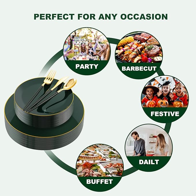 Liacere 150PCS Green Plastic Plates - Gold Plastic Silverware with Green Handle - Heavy Duty Fancy Plastic Plates Disposable Include 30 Guests Plates, Forks, Spoons, Knives for St. Patrick's Day