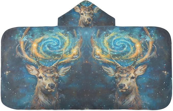 Hooded Towel for Kids Galaxy Deer Oil Painting Beach Wrap Bath Towels 50x23.5in