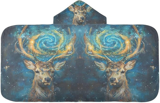 Hooded Towel for Kids Galaxy Deer Oil Painting Beach Wrap Bath Towels 50x23.5in