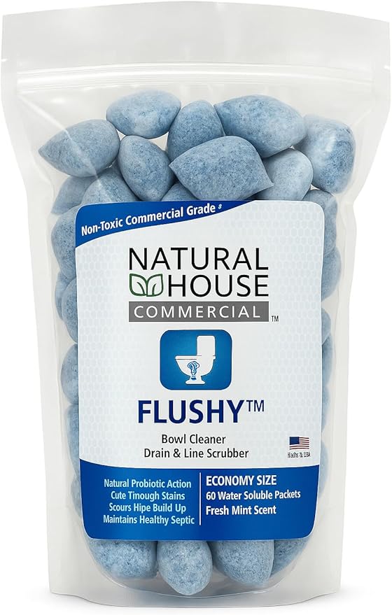 Natural House Flushy - Plant-Based Enzyme Foaming Toilet Bowl Cleaner - Removes Hard Water Stains, Rust, Calcium - Septic-Compatible, Plumbing-Friendly - Mint Scent - 60 Count