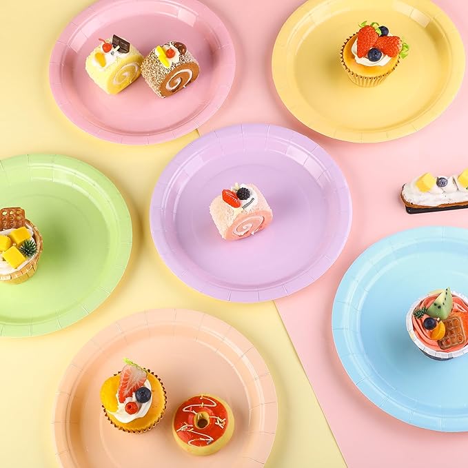 Kochorie 60 Pieces Pastel Rainbow Disposable Paper Plates 9 Inch Heavy Duty Dinner Plates, Solid Color, Table Decorations Party Supplies for Birthdays, Weddings, Daily Use